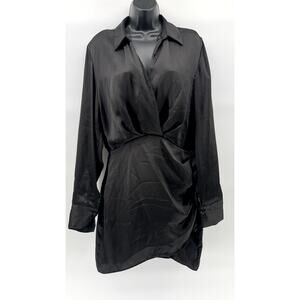 ZARA Women's Black Surplice Neck Long Sleeve Collared Side-Ruched Mini Dress SZM